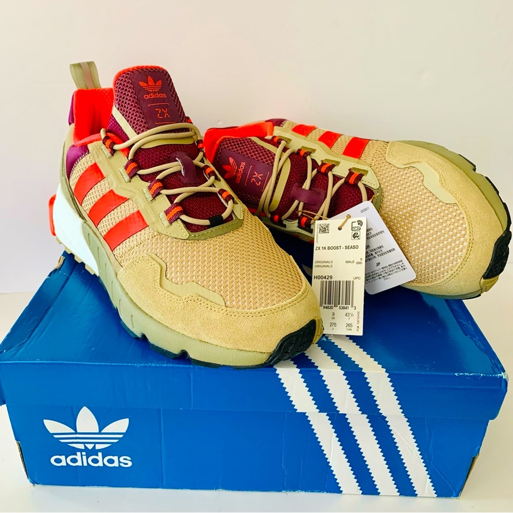 adidas Men’s ZX 1K Boost Sneakers in Beige, Red and Burgundy
